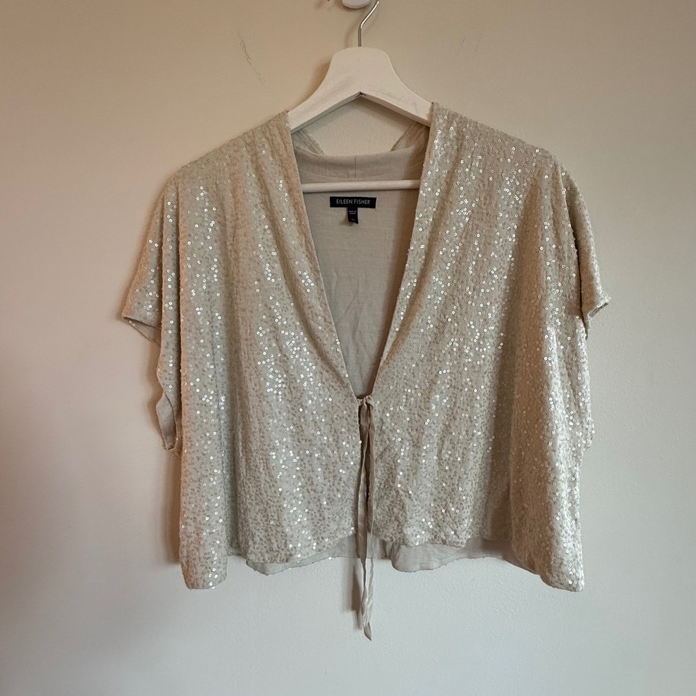 Eileen Fisher Sequin Tie-Front Cardigan in Light Beige Cream